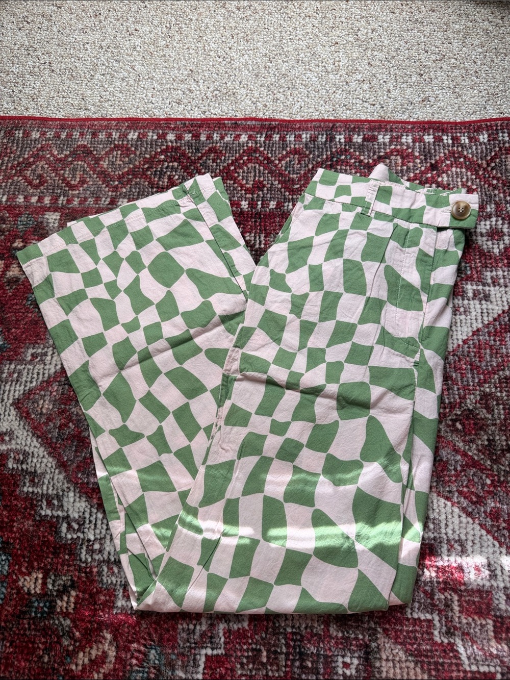 Wavy Checker Print Green & Cream Trousers